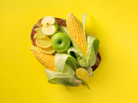 Fresh fruits and vegetables in a heart shaped bowl on a yellow backgroundの写真素材