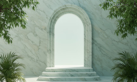 3d render of white marble wall with arch and green leaves.の素材