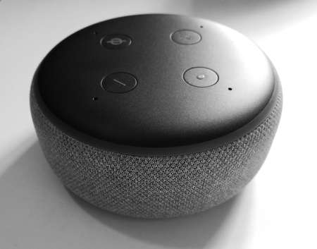 New york / USA - February 5 2020: Amazon Echo Dot Black 3rd generation - voice recognition, isolated on white backround - Smart speaker with Alexa assistantのeditorial素材