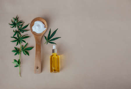 Glass bottle and dropper CBD OIL, THC tincture and cannabis leafs on pastel background. Laboratory Production of cosmetics with CBD oil. Top viewの写真素材