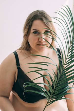 Attractive plus size girl sitting in black lingerie with a palm tree branch in her handsの写真素材