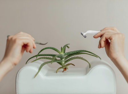 Razor and tweezers in female hands. the concept of depilation, epilation and removal unwanted hair on the bodyの写真素材