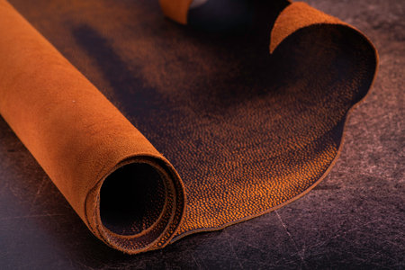 Roll of natural brown leather. Material for manufacture of bags, shoes, clothing and accessories.