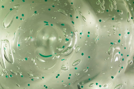 Face serum or gel texture. Clear skincare cream with bubbles background. Transparent cosmetic gel...