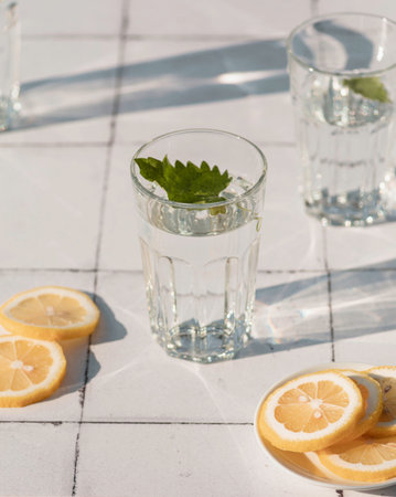Fresh summer cocktail with lemons and mint. Summer drinks and vacation concept. Sunny day shadows