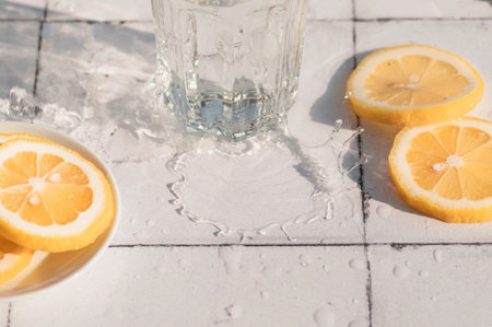 Fresh summer cocktail with lemons and mint. Summer drinks and vacation concept. Sunny day shadowsの写真素材