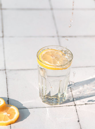 Fresh summer cocktail with lemons and mint. Summer drinks and vacation concept. splashes. Sunny day...