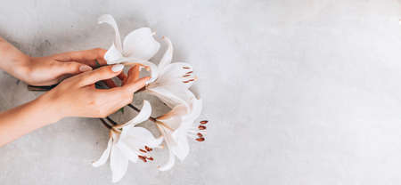 beauty delicate hands with manicure holding flower lily close up on a gray concreteの写真素材
