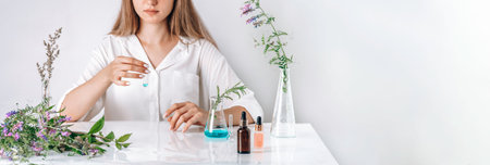 Woman working with cosmetic, scientist,doctor, make alternative herb medicine with herbal the...