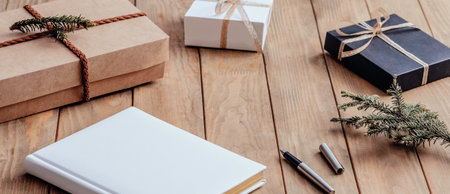 present boxes and diary. place on office table, concept to christmas gift and holiday season