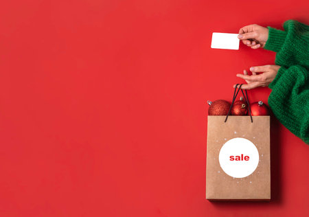 hands holding gift kraft bag with balls and white plastic card on isolated red background. Flat lieの写真素材