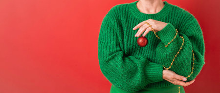 Women in a green sweater holding symbol of the New Year in her hands - a red Christmas ball....