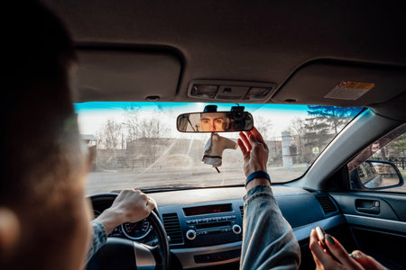The young adventurer ensures a safe journey by adjusting the cars rearview mirror, covering the...