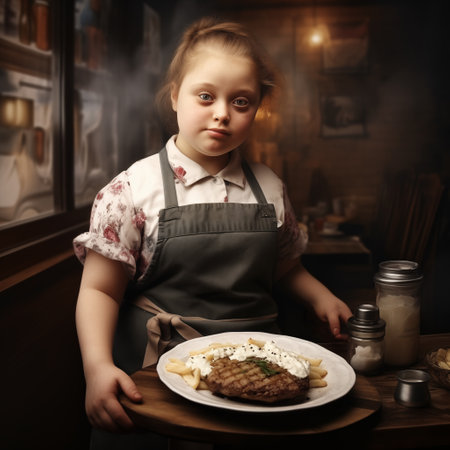 Empowered Service: The Inclusive Charm of CafÃ© Diversity. young woman with Down syndrome in an apron holds a tray with a dish in a cafe, working as a waitress, the concept of inclusivityの素材