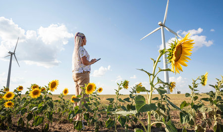A young woman with a tablet in a field with sunflowers, wind turbines for green energy production, eco-energy, wind turbinesの写真素材
