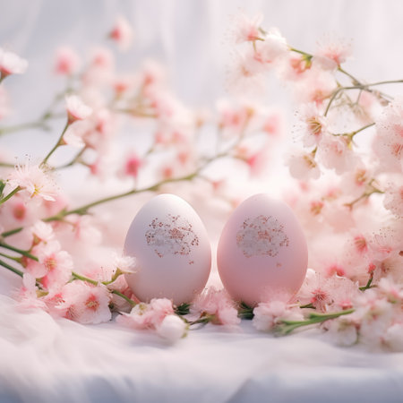 cute easter composition. painted eggs, branches with small pink flowers on a pastel background. top view. copy space, place for textの素材