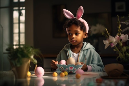 Cute and beautiful African American girl wearing bunny ears, looks at camera smiling while holding Easter plate full of eggs At a table in a dark roomの素材