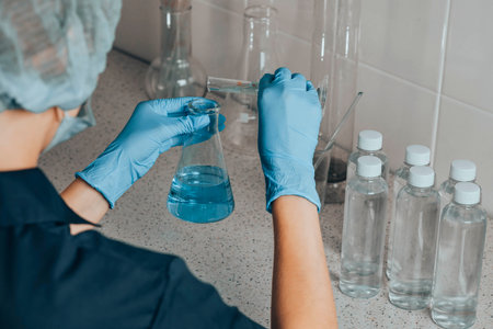 woman in protective cap in laboratory checks water quality using glass tube filled with blue chemical liquid for research and analysis in labの写真素材