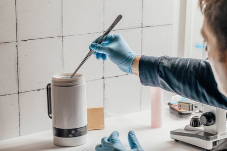 advanced equipment in a laboratory, including a microscope and a semen thaw thermostat, illustrating...