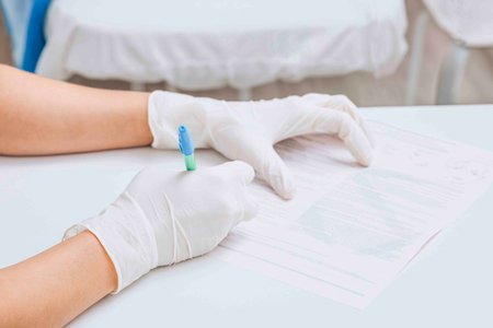 healthcare professional carefully filling out paperwork underscores necessary in medical environmentsの写真素材