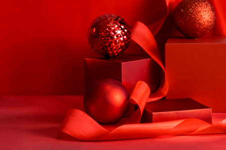 Gifting with Elegance, mockup red-themed podium presenting cosmetics as elegant Christmas gifts, combining beauty, festivityの写真素材