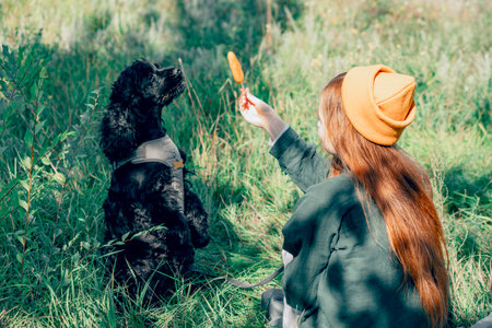 red-haired woman, dog in park with ice creamの写真素材