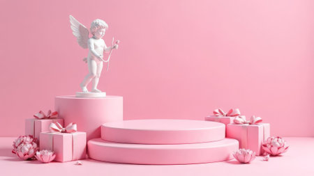 product display podium with gift boxes, and figurine of an angel Cupid, flowers. Minimal pink background for Valentines Dayの素材
