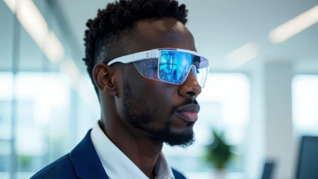 african-american businessman wearing futuristic augmented reality glasses in a modern office, conceptual technology for business, software development, innovationの素材