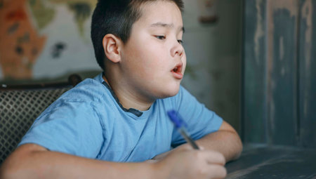 asian boy think deeply, homework near wall map and vintage paneling, mouth slightly open in...