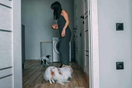 woman in casual attire interacting with her dogs near the laundry area, showcasing a relaxed moment in a modern home settingの写真素材