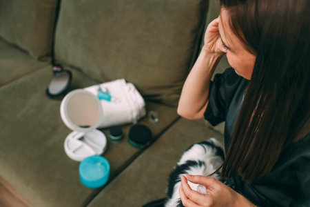 woman applying eye cream in a serene home setting, morning beauty routine with personal care products on display concept of skincare, personal wellnessの写真素材