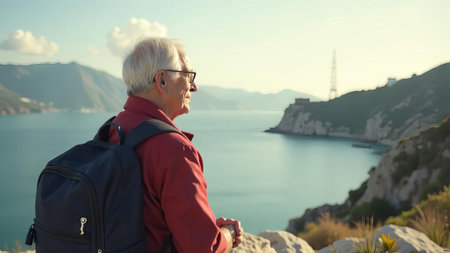 elderly man with backpack enjoying scenic sea view while standing on a rocky cliffside during sunset in tranquil coastal landscape concept of travel, outdoor recreation, active agingの素材