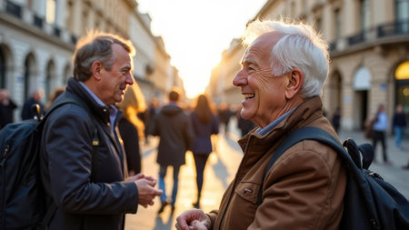 two elderly men smiling and chatting on a lively city street during golden hour travel, friendship, and active retirement lifestyleの素材