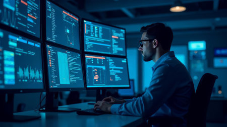 male cybersecurity analyst working at night in a dimly lit office, focused on multiple screens with system data and threat alerts, cybersecurity, data protection, information technologyの素材