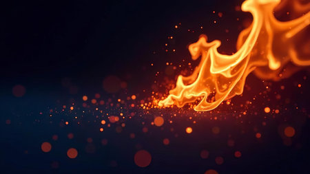bright flame with glowing sparks flowing across a dark background, abstract motion of fire particles in the night scene, energy, heat, fire protection services, visual effects industryの素材