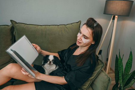 woman with under eye patches read book on green sofa with black and white japanese chin dog in cozy home interior with soft lighting and green plantの写真素材