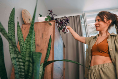 woman with tied brown hair spray houseplants from behind in softly lit room with wooden cabinet and potted flowers, home wellness, indoor gardening, sustainable lifestyleの写真素材