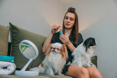 woman applying facial serum with small dropper, morning beauty routine, sitting on green sofa with two dogs on her legsの写真素材