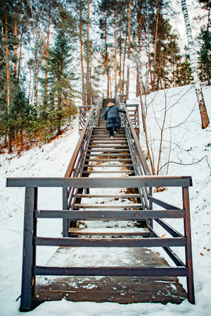 A person climbs wooden stairs in a snowy forest. Tall trees surround the path, creating a serene...