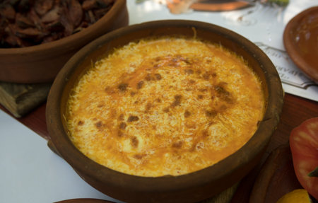 traditional turkish food 'Kuymak' in fried earthenware for breakfastの写真素材