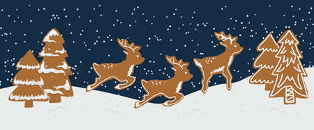 Vector illustration of a winter landscape made of gingerbread. Gingerbread deer, Christmas trees. Magical winter forestのイラスト素材