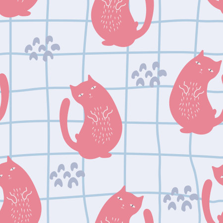 Seamless pattern of pink cute cats on a light background in the style of doodle. Suitable for textiles, packaging.のイラスト素材