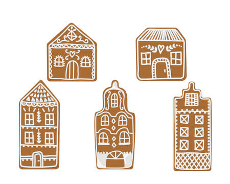 Vector illustration of a set of gingerbread houses of different shapes, styles and sizesのイラスト素材
