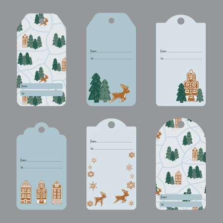 Collection of 6 Christmas gift tags in light colors including winter landscape and gingerbreadのイラスト素材