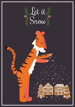 Vector illustration greeting card Let it snow with tiger symbol of 2022 and gingerbread housesのイラスト素材