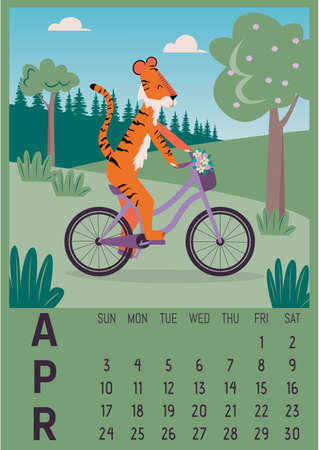 Vector vertical wall calendar template for April 2022 A4 A3 A2 A5 format, with cute tiger symbol of the year.Week starts on Sundayのイラスト素材