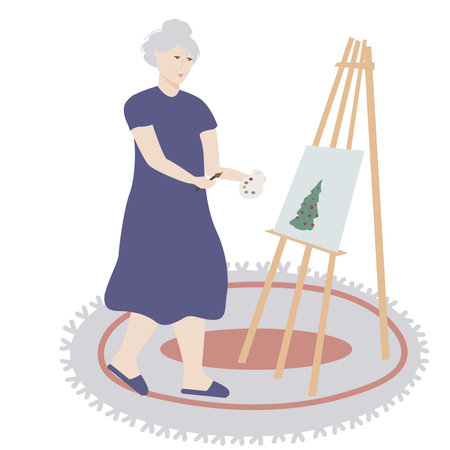 Vector illustration of an elderly woman having fun drawing a picture. Hobbies and activities of the elderlyのイラスト素材