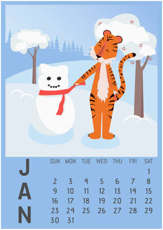 Vector vertical wall calendar template for January 2022 A4 A3 A2 A5 format, with cute tiger symbol of the year.Week starts on Sundayのイラスト素材