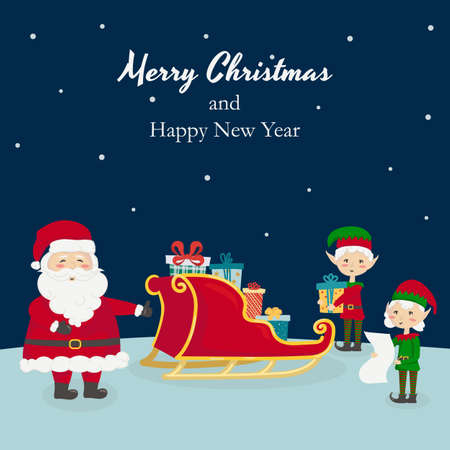 Vector illustration Santf Claus and elves are putting gifts in a sleigh. Christmas and New Year concept for cards, invitations, advent calendar.のイラスト素材