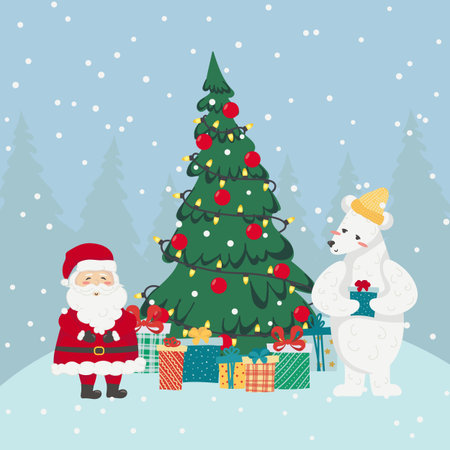 Vector illustration of Santf Claus and polar bear at the Christmas tree with gifts.Christmas and New Year concept for cards, invitations, advent calendar.のイラスト素材